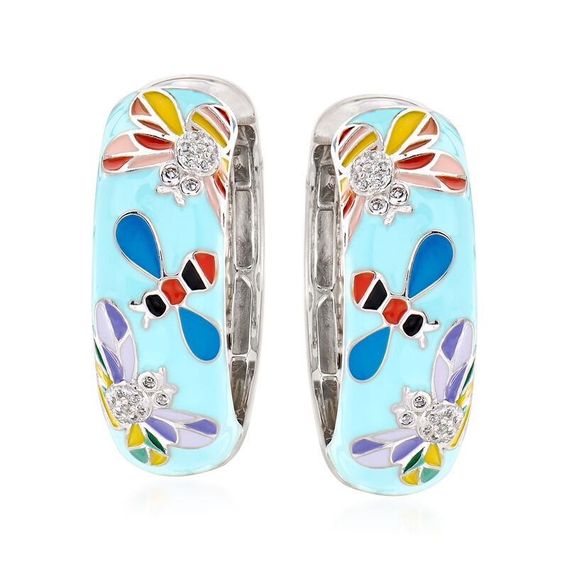 .40 ct. t.w. White Topaz and Multicolored Enamel Critter Hoop Earrings in Sterling Silver. 1&quot; image number 2