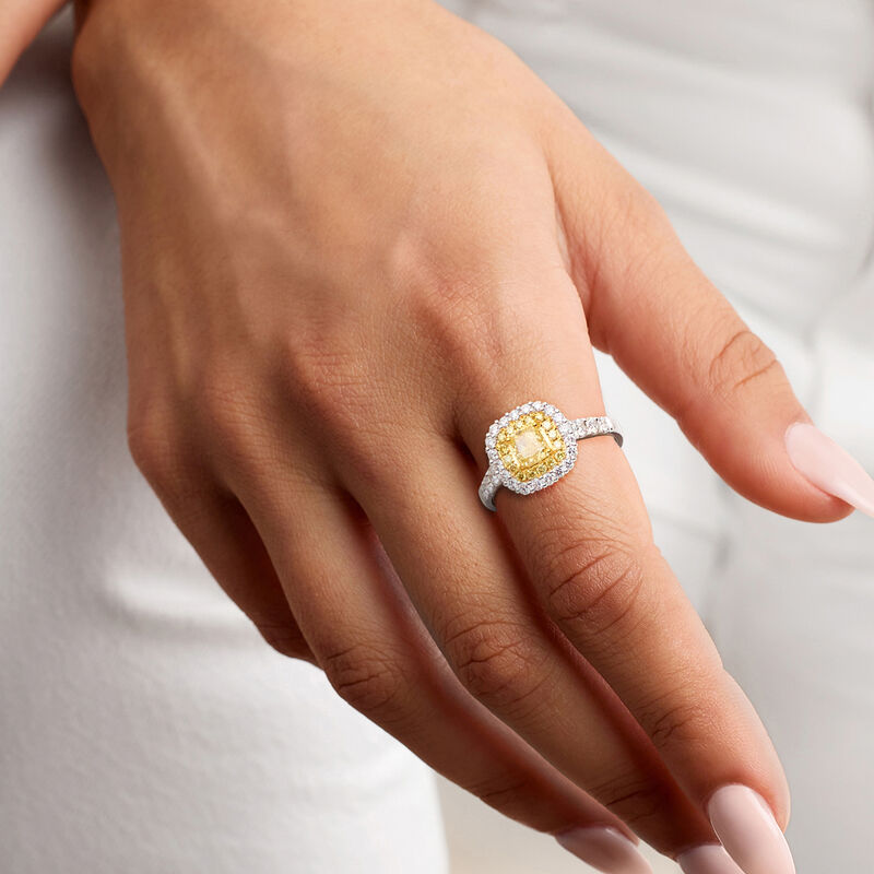 1.55 ct. t.w. Yellow and White Diamond Halo Ring in 18kt Two-Tone Gold image number 1