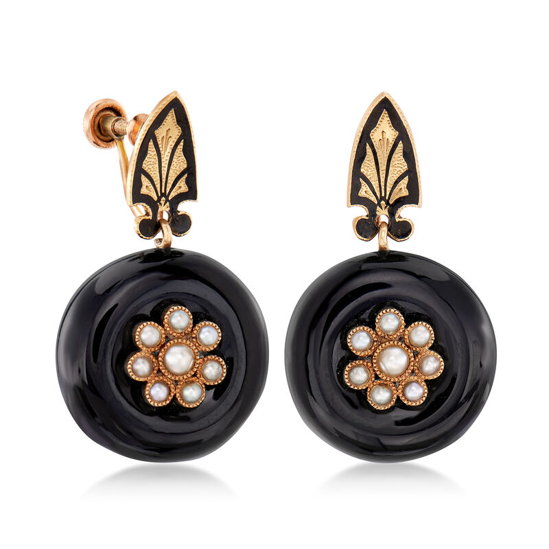 C. 1940 Vintage Black Onyx and Cultured Pearl Earrings in 14kt Yellow Gold image number 2