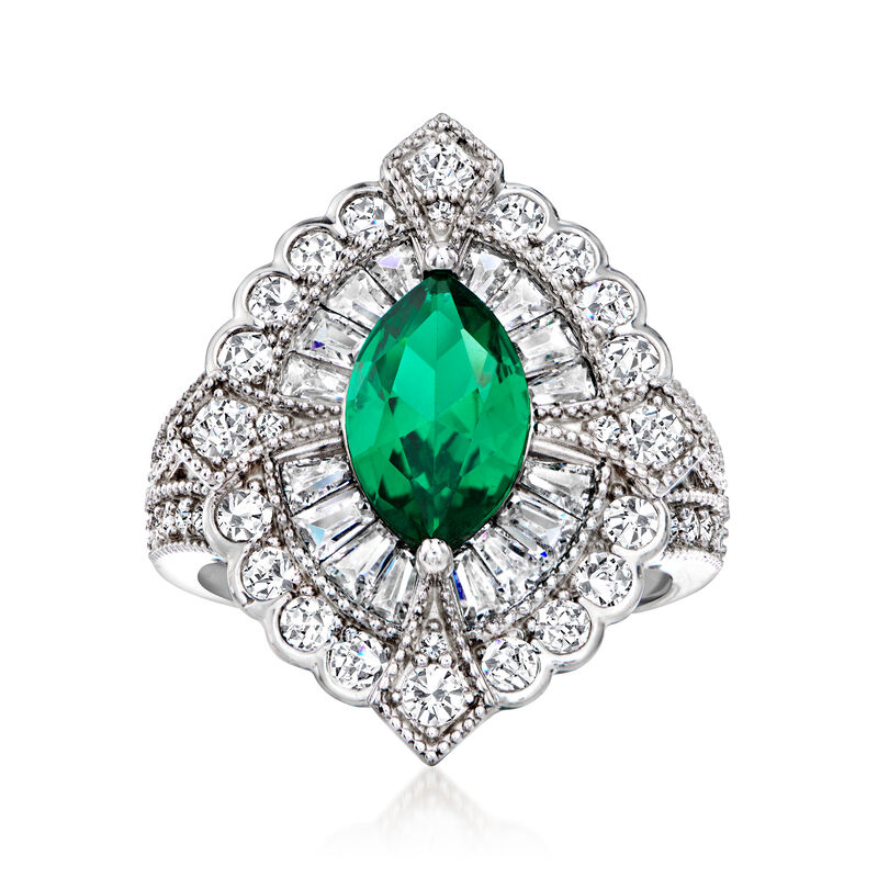 1.50 Carat Simulated Emerald and 1.70 ct. t.w. CZ Ring in Sterling Silver image number 0