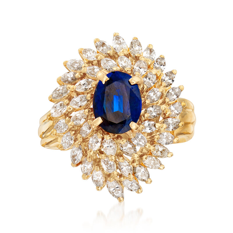 C. 1980 Vintage 1.55 ct. t.w. Diamond and 1.05 Carat Sapphire Ring in 18kt Yellow Gold image number 0