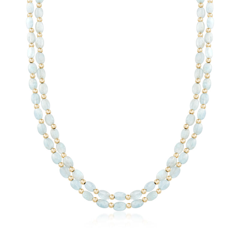 70.00 ct. t.w. Multi-Strand Aquamarine Bead Necklace in 14kt Yellow Gold image number 0