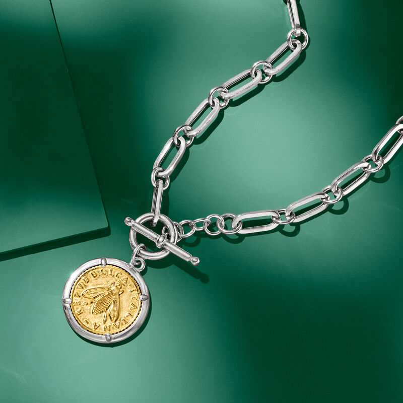 Italian Sterling Silver and 18kt Gold Over Sterling Replica Bumblebee Lira Coin Paper Clip Link Toggle Necklace image number 6