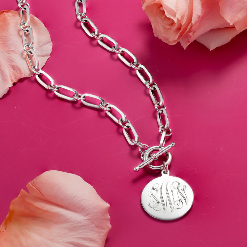 Italian Sterling Silver Personalized Paper Clip Link Disc Toggle Necklace image number 2