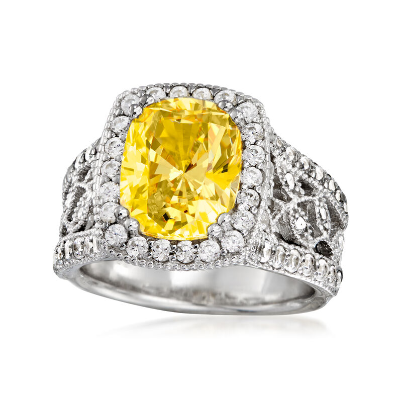 3.97 ct. t.w. Yellow and White CZ Floral Ring in Sterling Silver image number 3