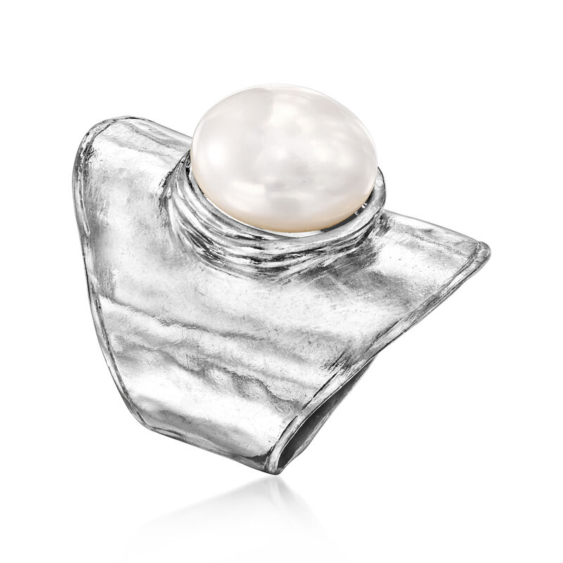 12-12.5mm Cultured Pearl Hammered Ring in Sterling Silver image number 2