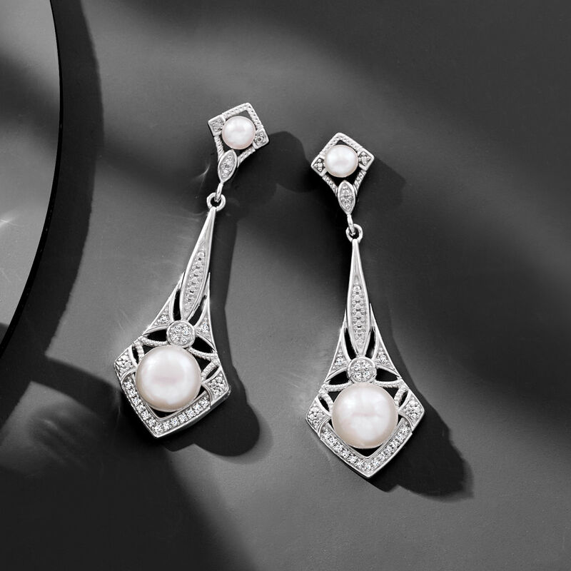 3.5-7.5mm Cultured Pearl and .11 ct. t.w. Diamond Vintage-Style Drop Earrings in Sterling Silver  image number 3