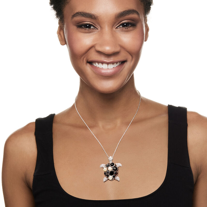 7mm Cultured Mabe Pearl, Black Onyx and Hematite Turtle Pin/Pendant in Sterling Silver  image number 0