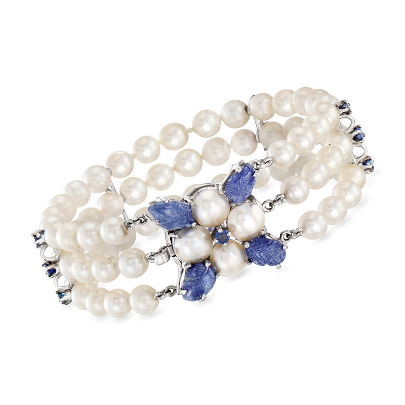 C. 1950 Vintage 5.7-7.5mm Cultured Pearl and 6.35 ct. t.w. Sapphire Floral Three-Row Bracelet in 14kt White Gold. 7&quot; image number 0