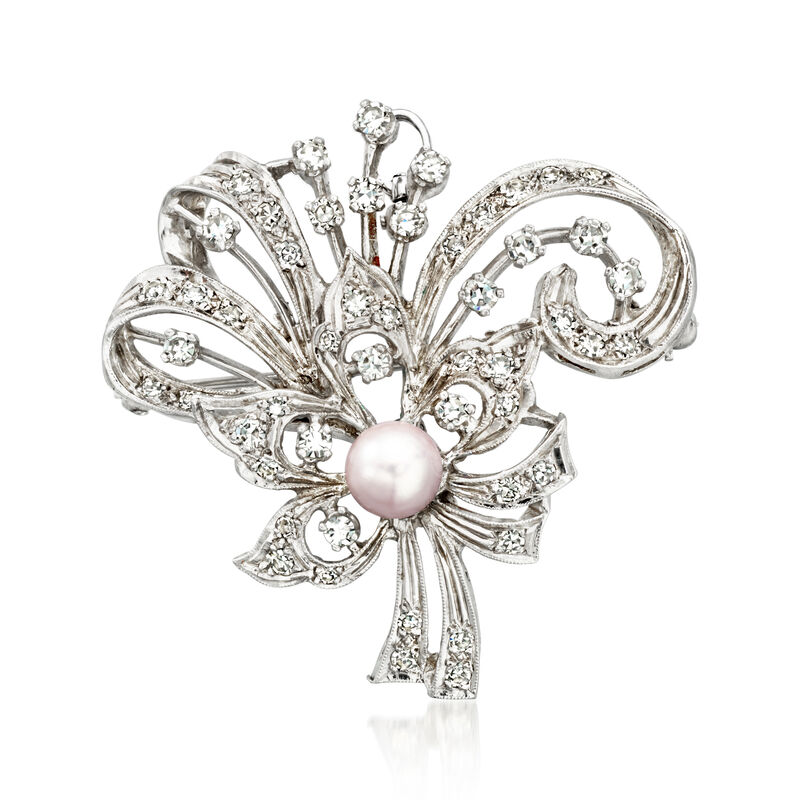 C. 1960 Vintage 6mm Cultured Pearl and 1.45 ct. t.w. Diamond Floral Pin/Pendant in 14kt White Gold image number 3