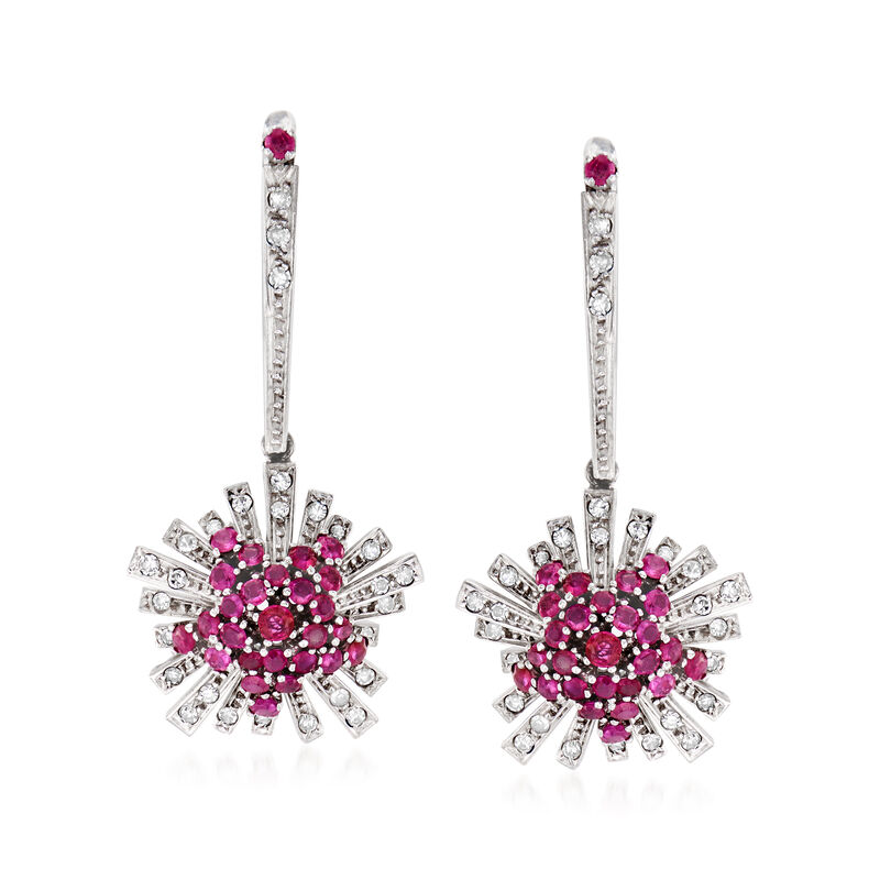 C. 1960 Vintage 1.50 ct. t.w. Ruby and .85 ct. t.w. Diamond Burst Drop Earrings in 18kt White Gold image number 0