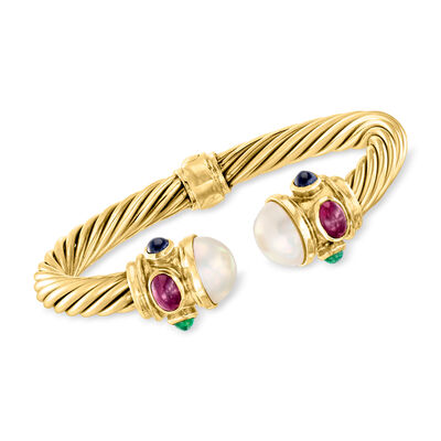 C. 1990 Vintage 11mm Mabe Pearl and 2.65 ct. t.w. Multi-Gemstone Cuff Bracelet in 14kt Yellow Gold