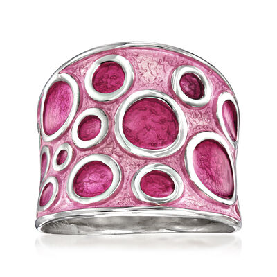 Italian Pink Enamel Circle Ring in Sterling Silver
