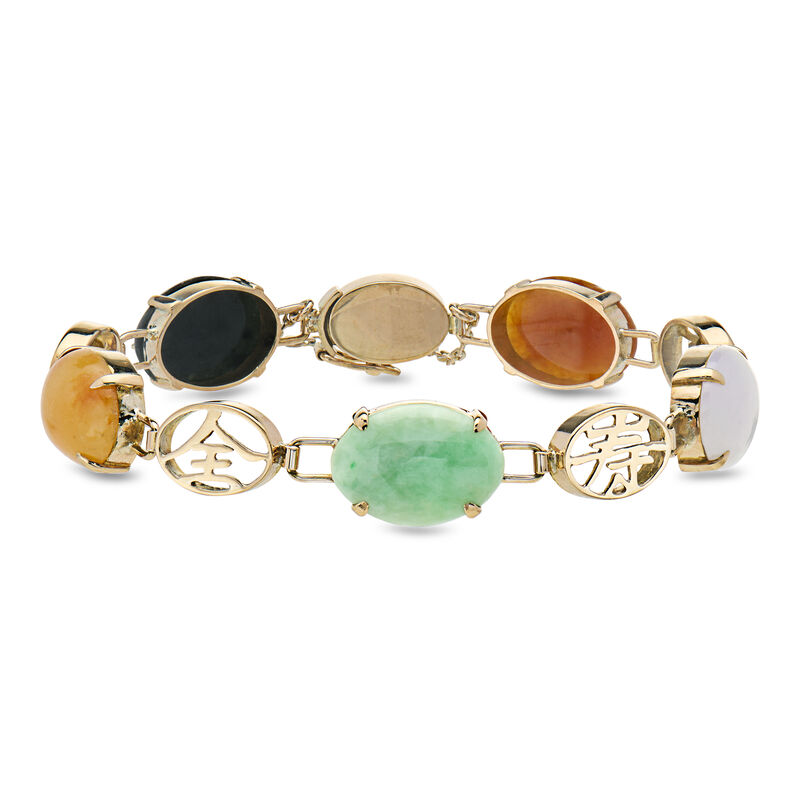 C. 1990 Vintage Multicolored Jade Bracelet in 14kt Yellow Gold. 7" image number 0
