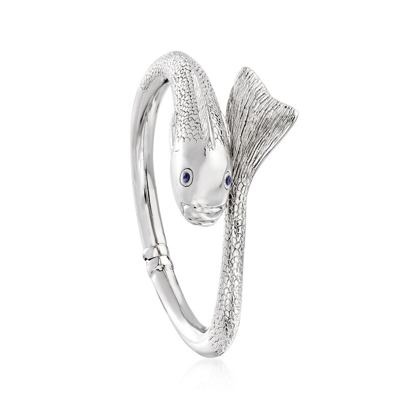 Italian Sterling Silver Fish Bangle Bracelet with Sapphire Accents image number 1