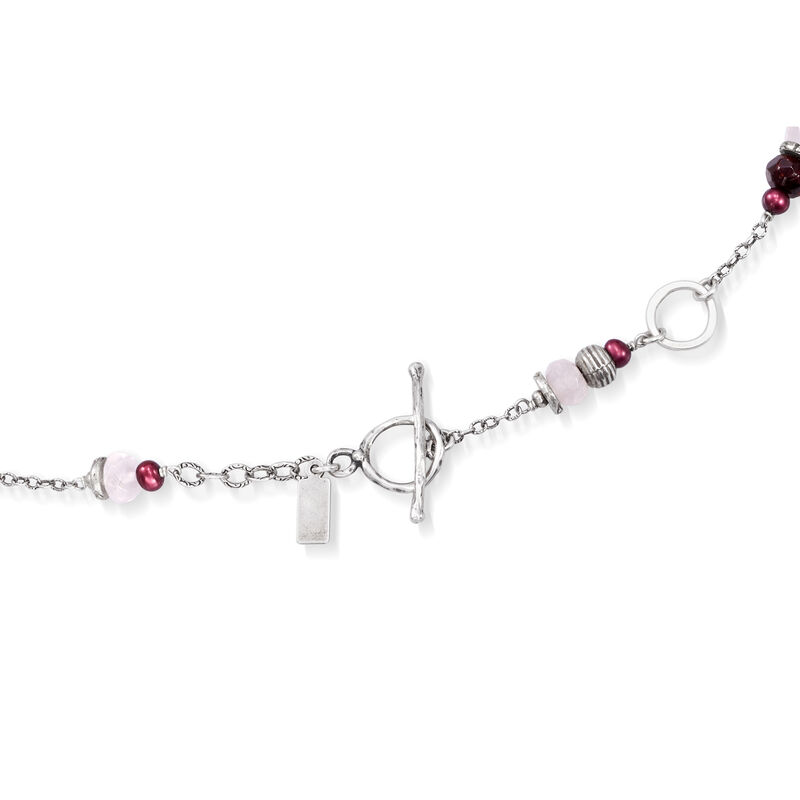 C. 1990 Vintage 4mm Cultured Pearl Heart Necklace with Rose Quartz and Garnet Beads in Sterling Silver image number 2