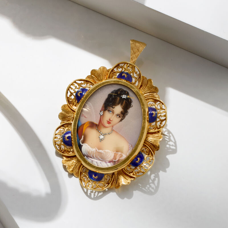 C. 1950 Vintage Painted Portrait Pin/Pendant with Enamel and Diamonds in 18kt Yellow Gold image number 3