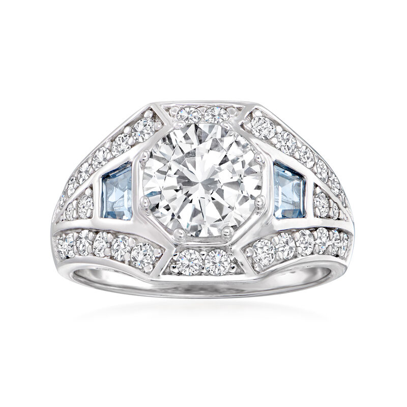 2.62 ct. t.w. CZ and .50 ct. t.w. Simulated Aquamarine Ring in Sterling Silver image number 0