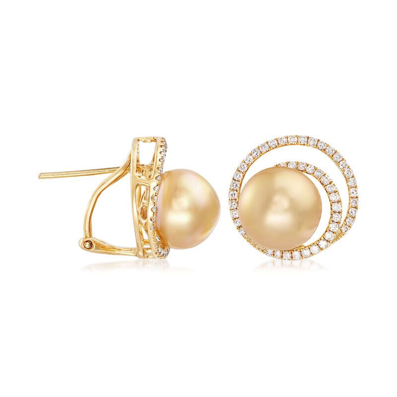11mm Cultured Golden South Sea Pearl and .80 ct. t.w. Diamond Swirl Earrings in 18kt Yellow Gold image number 2