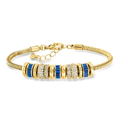 14kt Yellow Gold-Plated Bead Charm Bracelet with Simulated Tonal Blue and White Gemstones