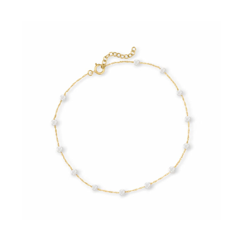 3-3.5mm Cultured Pearl Station Anklet in 10kt Yellow Gold. 9&quot; image number 0