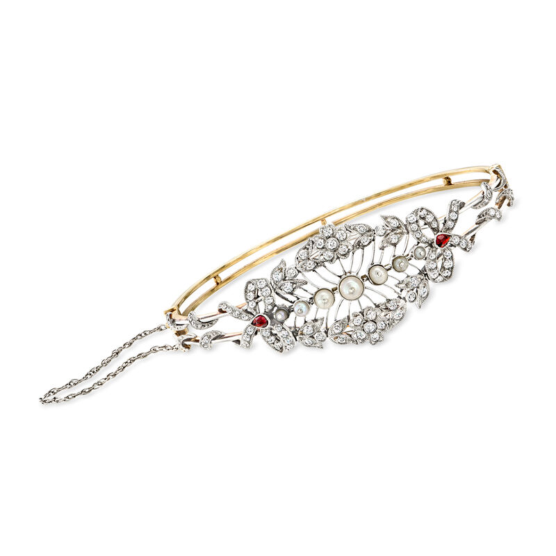C. 1910 Vintage Cultured Pearl and 1.75 ct. t.w. Diamond Openwork Bangle Bracelet with .20 ct. t.w. Garnets in Platinum and 18kt Yellow Gold. 8" image number 0