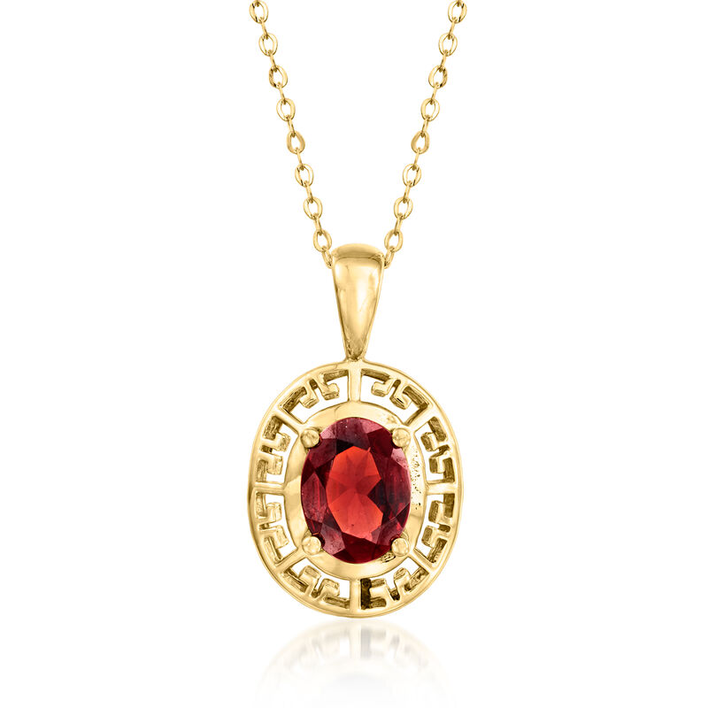C. 2000 Vintage 1.50 Carat Garnet Greek Key Pendant Necklace in 10kt Yellow Gold. 18&quot; image number 0