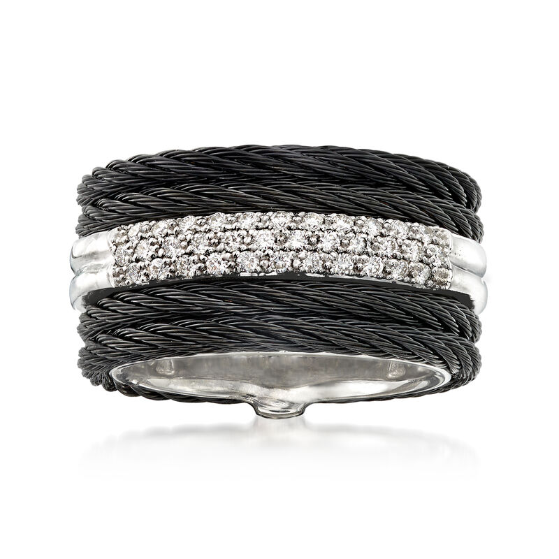 ALOR &quot;Noir&quot; .28 ct. t.w. Diamond Black Stainless Steel Cable Ring with 18kt White Gold. Size 7 image number 0