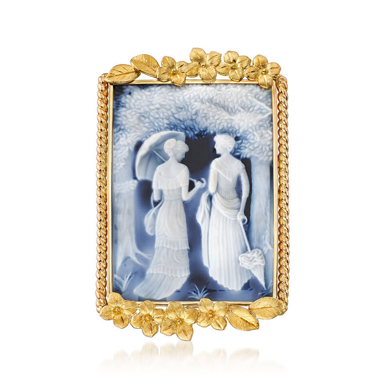 C. 1980 Vintage Blue Agate Cameo Pin/Pendant in 18kt Yellow Gold image number 0