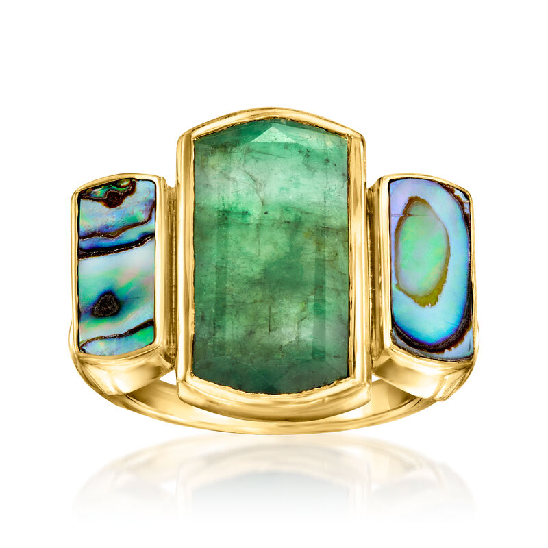 4.10 Carat Emerald Ring with Abalone Shell in 18kt Gold Over Sterling image number 0