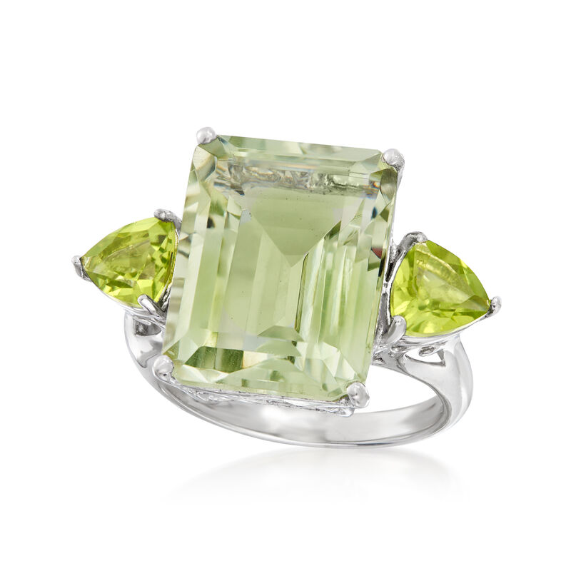 11.00 Carat Emerald-Cut Prasiolite and 1.40 ct. t.w. Peridot Ring in Sterling Silver image number 3