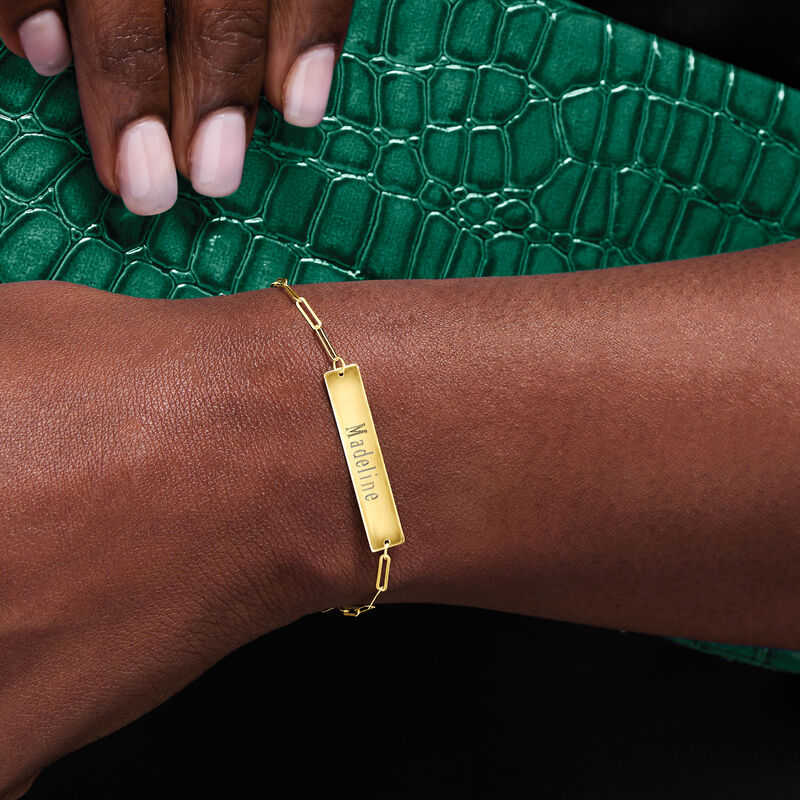 Italian 14kt Yellow Gold Personalized Bar Paper Clip Link Bracelet image number 2