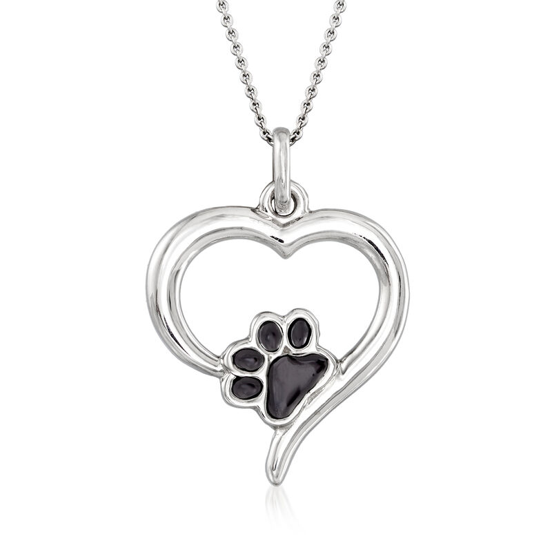 Italian Sterling Silver and Black Enamel Paw Print Open-Heart Pendant Necklace image number 0
