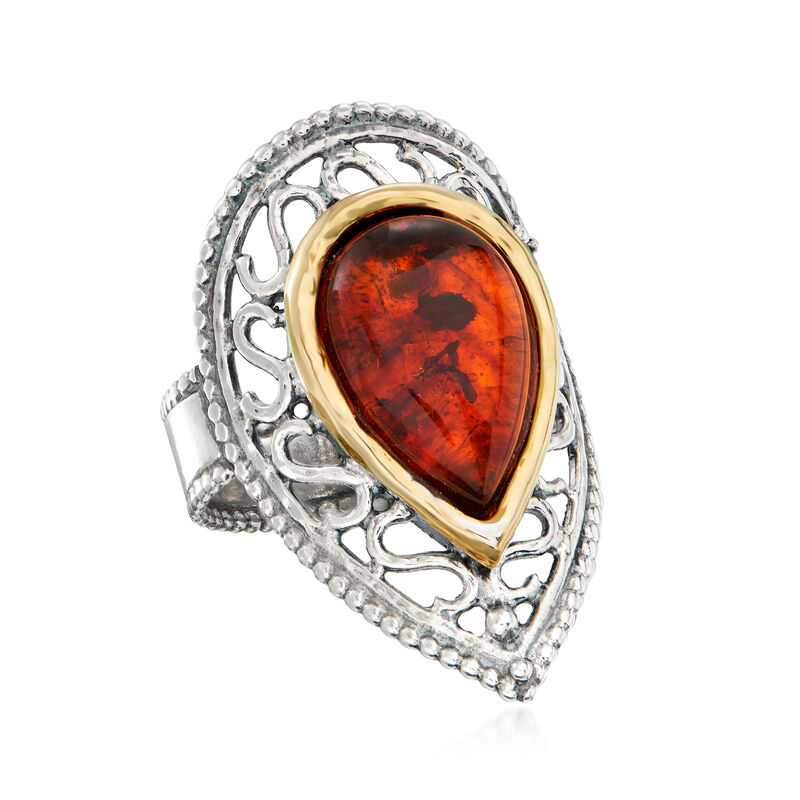 Amber Openwork Ring in Sterling Silver with 14kt Yellow Gold image number 3