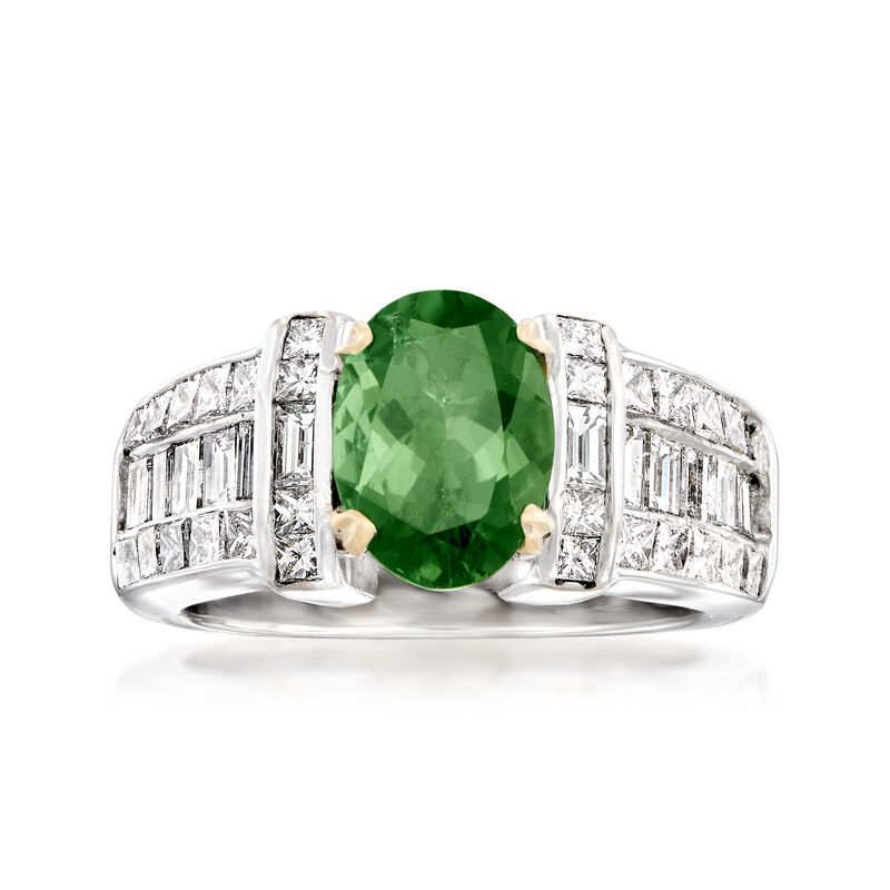C. 1980 Vintage 1.60 Carat Green Tourmaline and 1.45 ct. t.w. Diamond Ring in 18kt White Gold. Size 5.25 image number 0