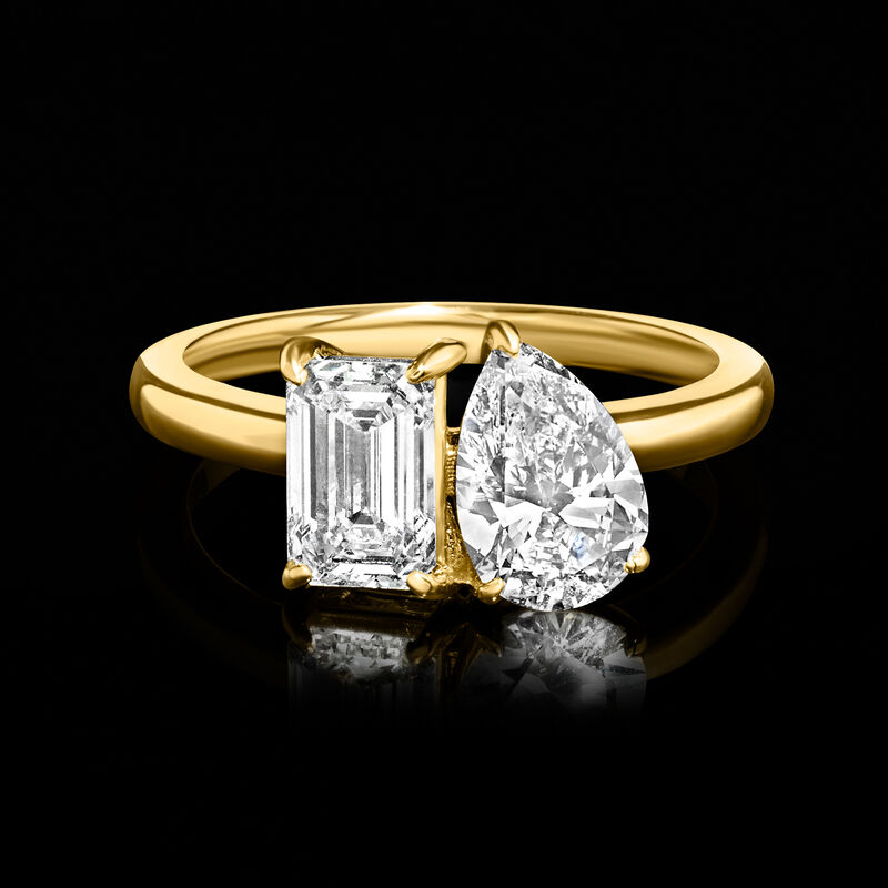2.00 ct. t.w. Emerald-Cut and Pear-Shaped Lab-Grown Diamond Toi et Moi Ring in 14kt Yellow Gold image number 2