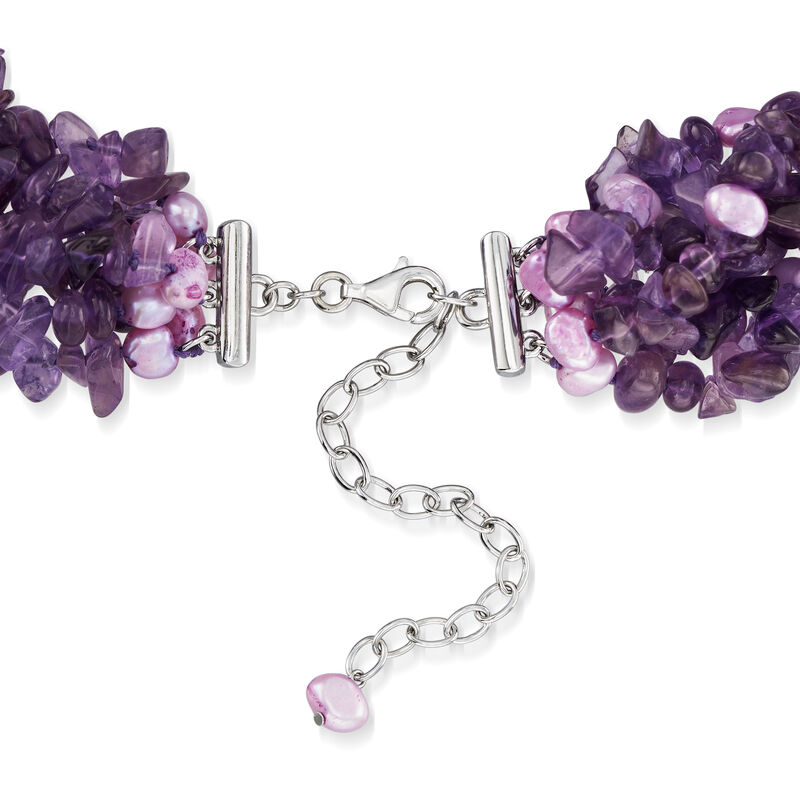 754.00 ct. t.w. Amethyst Bead and 5-6mm Purple Cultured Pearl Torsade Necklace with Sterling Silver. 18&quot; image number 2