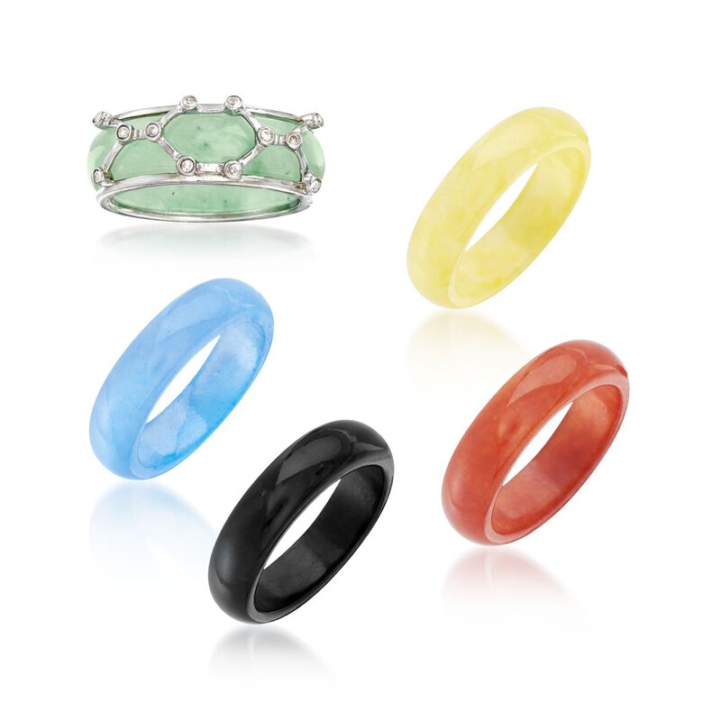 Multicolored Jade Jewelry Set: Five Interchangeable Rings with Sterling Silver Ring Jacket image number 0
