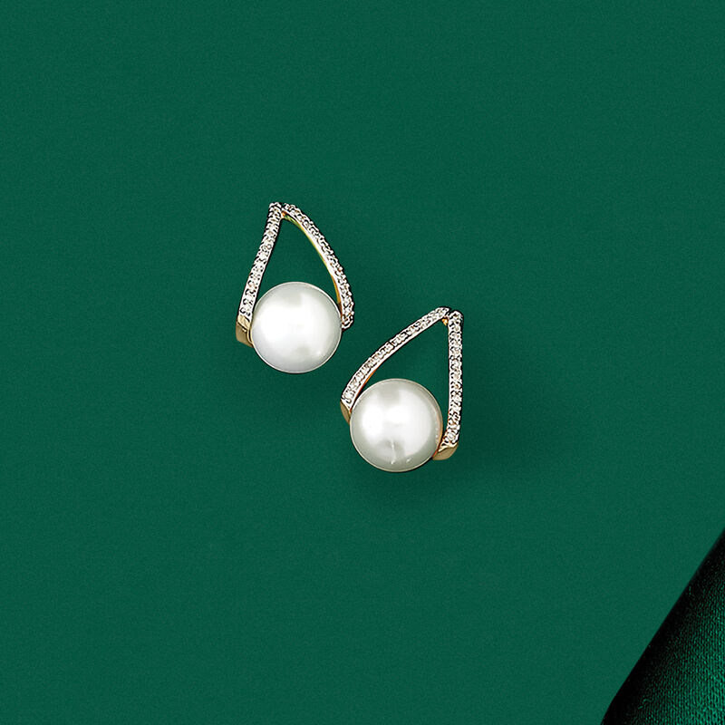 8-8.5mm Cultured Pearl and .12 ct. t.w. Diamond Drop Earrings in 14kt Yellow Gold image number 4