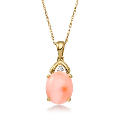 C. 1980 Vintage Coral Pendant Necklace with Single Diamond in 14kt Yellow Gold
