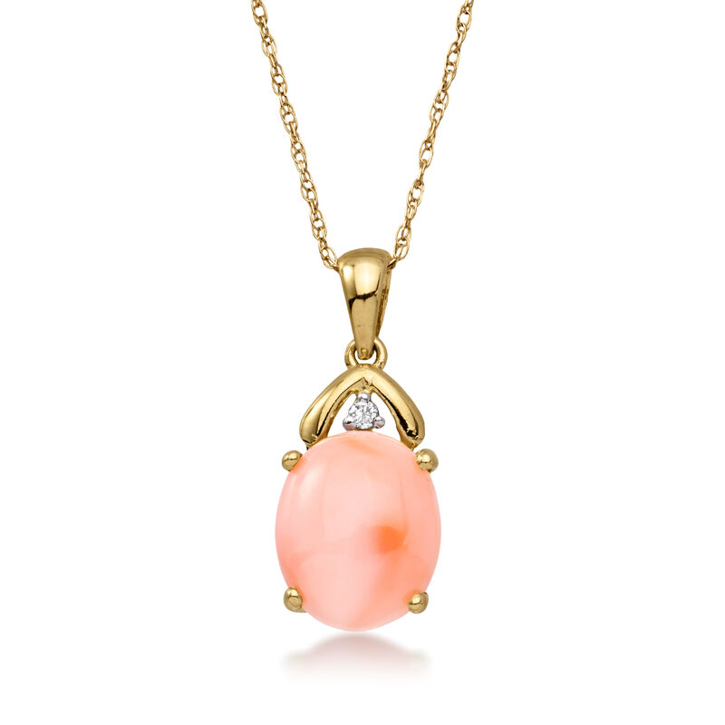C. 1980 Vintage Coral Pendant Necklace with Single Diamond in 14kt Yellow Gold. 17" image number 0