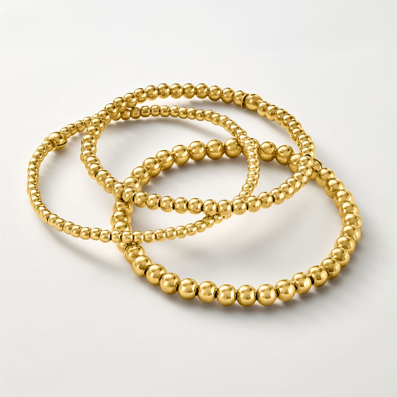 Italian 18kt Gold Over Sterling Jewelry Set: Three 3-5mm Bead Stretch Bracelets. 7" image number 6