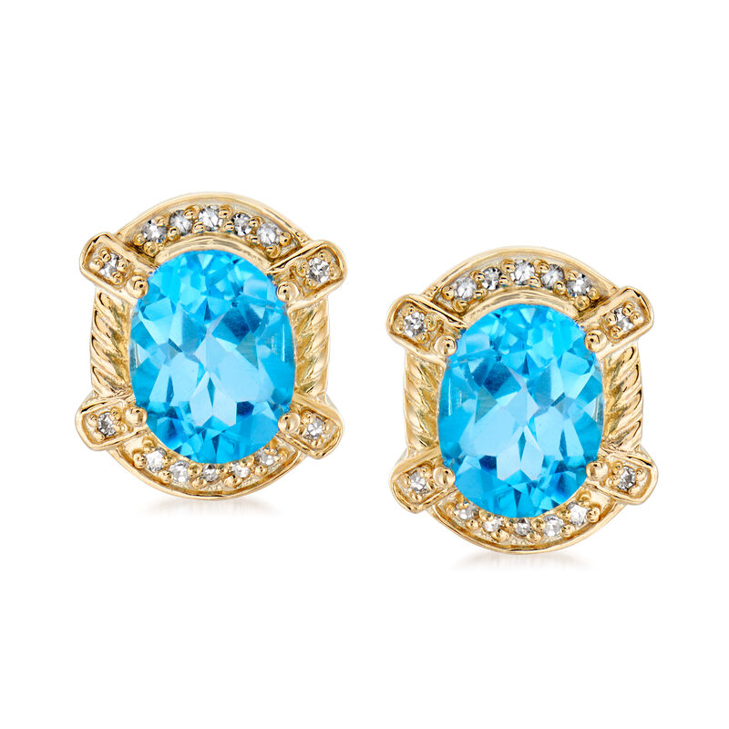 4.40 ct. t.w. Swiss Blue Topaz and .14 ct. t.w. Diamond Earrings in 18kt Gold Over Sterling image number 0