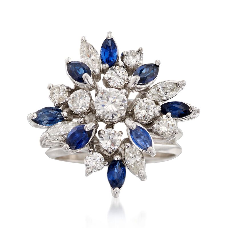 C. 1970 Vintage 1.55 ct. t.w. Diamond and .75 ct. t.w. Sapphire Floral Cluster Ring in 14kt White Gold. Size 5.5 image number 0