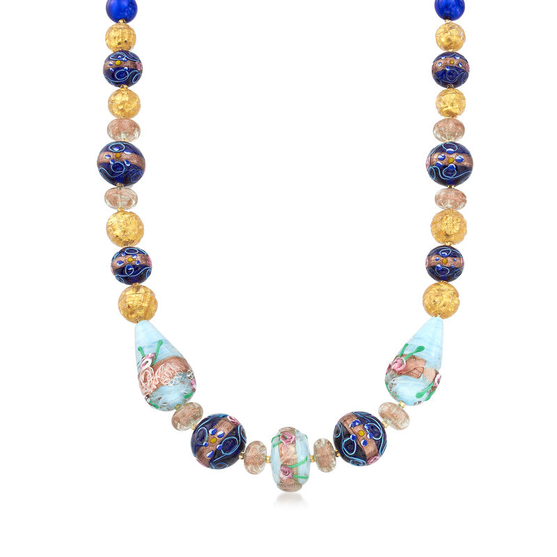 Italian Multicolored Murano Glass Floral Bead Necklace in 18kt Yellow Gold Over Sterling image number 0