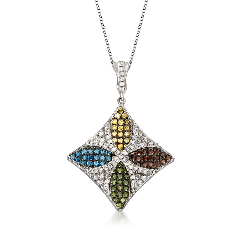 C. 1990 Vintage 1.65 ct. t.w. Multicolored Diamond Floral Pendant Necklace in 18kt White Gold image number 0