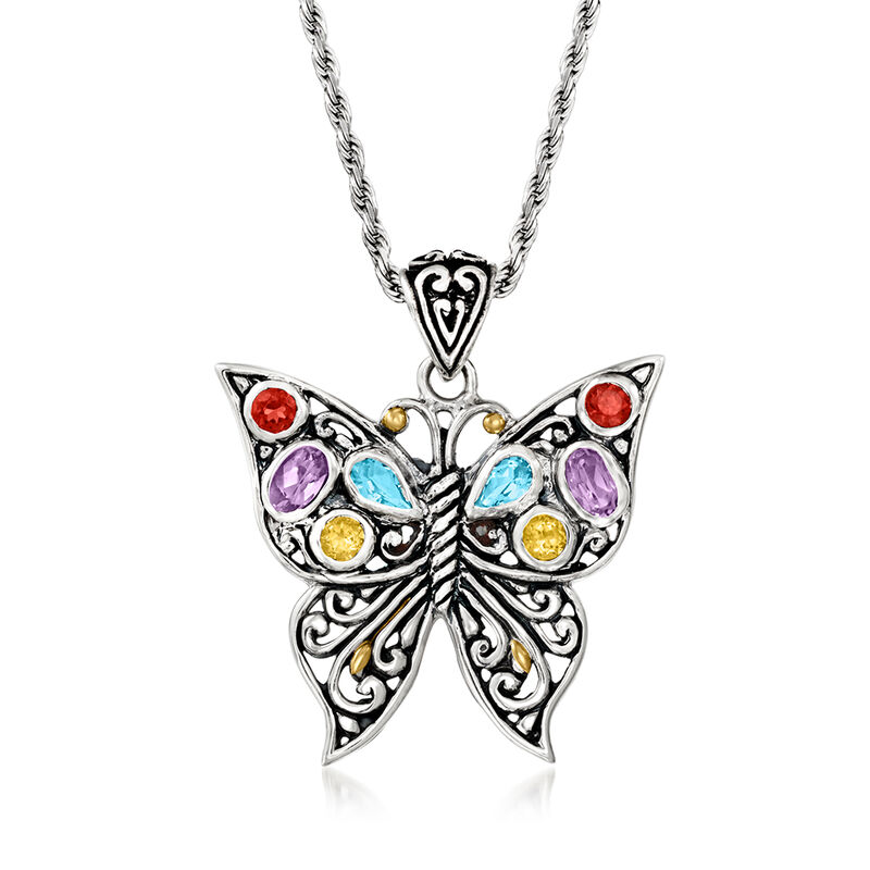 1.70 ct. t.w. Multi-Gemstone Bali-Style Butterfly Pendant Necklace in Sterling Silver with 18kt Yellow Gold image number 0
