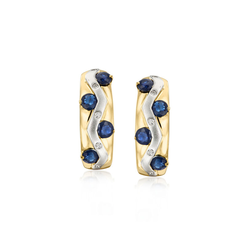 C. 1980 Vintage 1.60 ct. t.w. Sapphire Curved Earrings with .15 ct. t.w. Diamonds in 14kt Two-Tone Gold  image number 2