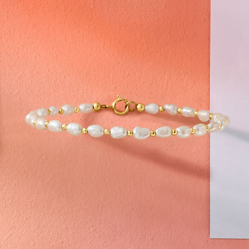 3-4mm Cultured Baroque Pearl and 14kt Yellow Gold Bead Bracelet image number 2