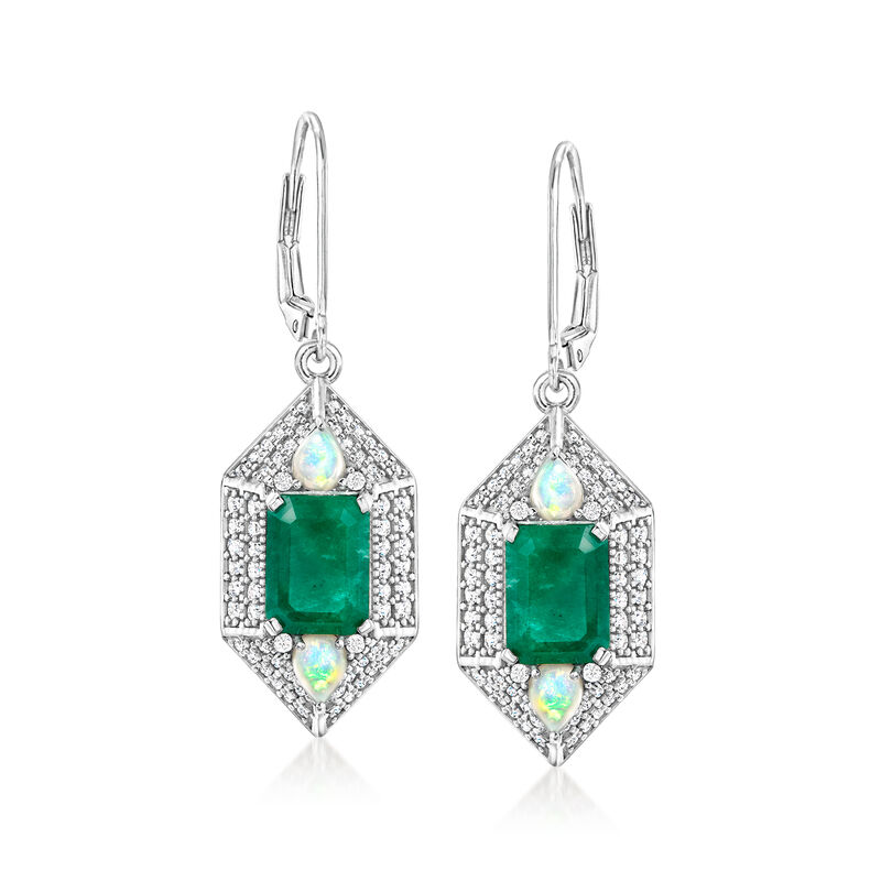 Opal, 2.90 ct. t.w. Emerald and 1.00 ct. t.w. White Zircon Drop Earrings in Sterling Silver  image number 0